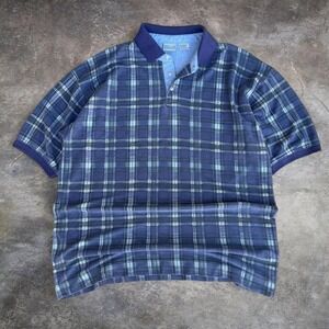 Vintage Bugle Boy Company Plaid Polo Shirt Mens XL Blue Green Short Sleeve Retro
